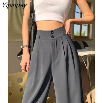 Yipinpay 2023 Autumn Wide Leg Women Classic Suit Pants Vintage Office Elegant Casual Black Trousers Female High Wasit Pants
